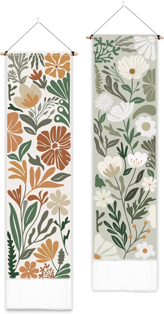PLIGREAT 2 Pack Aesthetic Floral Botanical Wall Hanging, Boho Style Art Tapestry with Tassel Vertical Wildflower Narrow Wall Tapestry for Bedroom Living Room Bathroom Home Decor