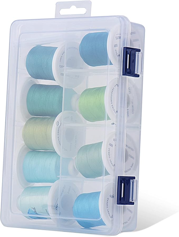 Simthread Embroidery Thread with Storage Box - 12 Options - 800 Yards/Spools, 9 Turquoise and Mint Green Colors for Embroidery and Sewing Machine