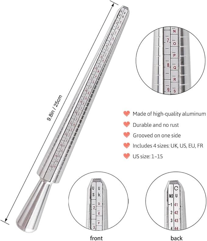 meowoo ring sizer measuring tool with lens,ring gauges with finger sizer mandrel ring sizer tools for jewelry sizing measuring, 3 pcs, silvery with magnifying glass