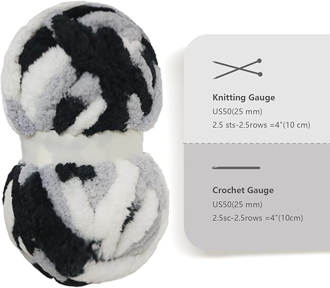 White+Light Gray+Black Chunky Chenille Yarn for Crocheting Bulky Thick Fluffy Yarn for Knitting,Super Bulky Hand Blanket,Soft Plush Yarn Crochet Carpet 8 Jumbo Pack(63.76oz/197.68yd