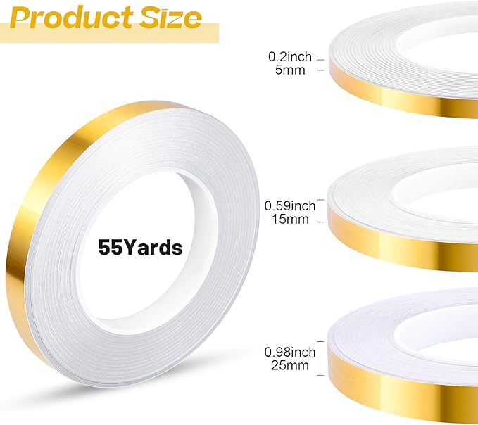 Zonon 3 Sizes Spark Gold Self Adhesive Polyester Film Tape Washi Tape for Car Furniture Graphic Arts Walls Decor, 55 yds (5/10/15mm)