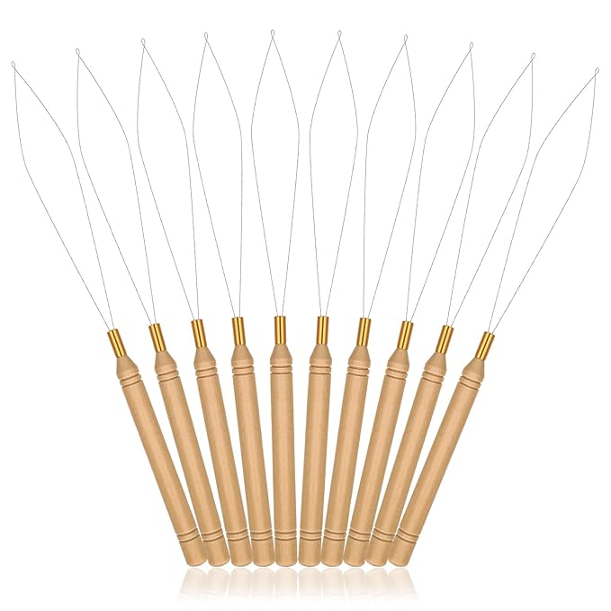 Sibba 10pcs Hair Extension Loop Threader Tools, Needle Threader Wire Pulling Hook Tool, Hair Crochet Latch Hook Bead Device Tool for Link Rings Beads Braid Hairs Tinsel, Feather Extensions Supplies
