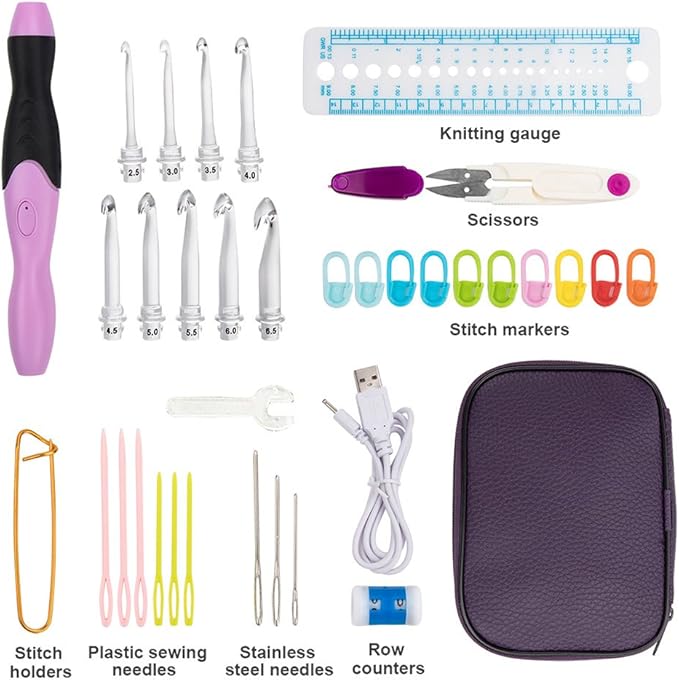 Vidillo Crochet Hooks Lights Set with Case, Ergonomic Rechargeable Lighted Hooks,9 Interchangeable Heads Hooks with a Crochet Hooks Case, Knitting Knit Needles Weave Yarn Sewing DIY Craft (Purple)