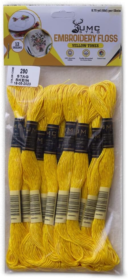 Pack of 12 Premium Embroidery Thread | 100% Egyptian Cotton Premium Skeins | Cross Stitch Embroidery Floss | Oeko TEX Certified Stranded Cotton | Ideal for Arts & Crafts (Lemon Yellow 290)