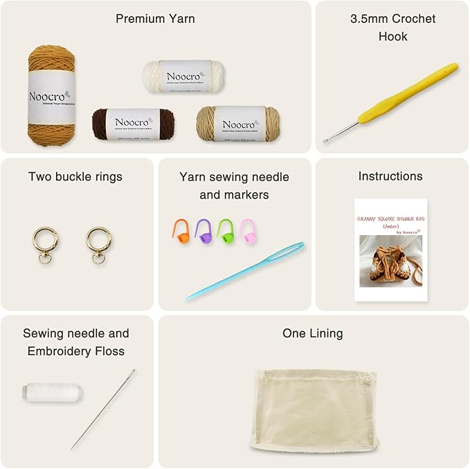 Noocro Crochet Kit Granny Square Shumai Bag, Purse, Complete DIY Kit, Detailed Instructions, Video Tutorials, for Beginners or Intermediate and Advanced Crocheters (Amber)