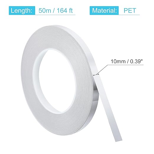 uxcell Metallic Tape, 0.39 in x 164 ft Self Adhesive Metalized Polyester Film Tape Waterproof Shiny Washi Tape for Walls Graphic Arts Gifts Wrapping Crafts Decoration, Gloss Silver