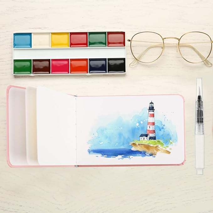 Teling 2 Pcs Watercolor Sketchbook with 3 Brush Pens 5.5" x 3.7", 140lb/300gsm Paper, Small Portable Travel Watercolor Journal, Pocket Notebook with Folding Pockets, Tear Away Pages with Dotted Line