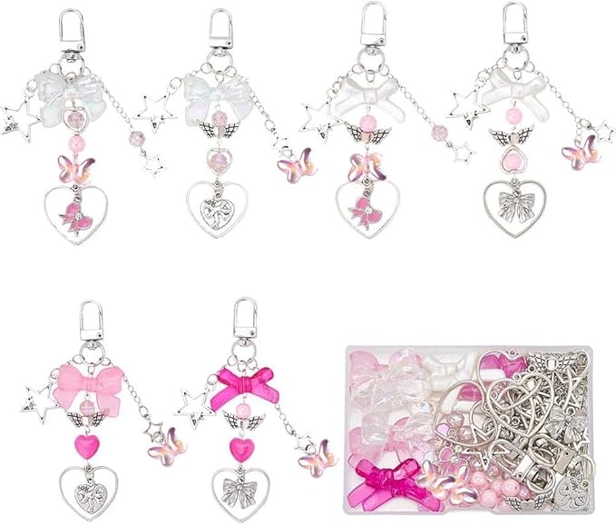 SUNNYCLUE 1 Box 171Pcs Small Bow Bag Charms Keychains Making Kit Love Romantic Bowknot Beads Pink Bow Beads Acrylic Glass Spacers Charm for Handbag Purse Bag Craft DIY Accessories Decorations Women