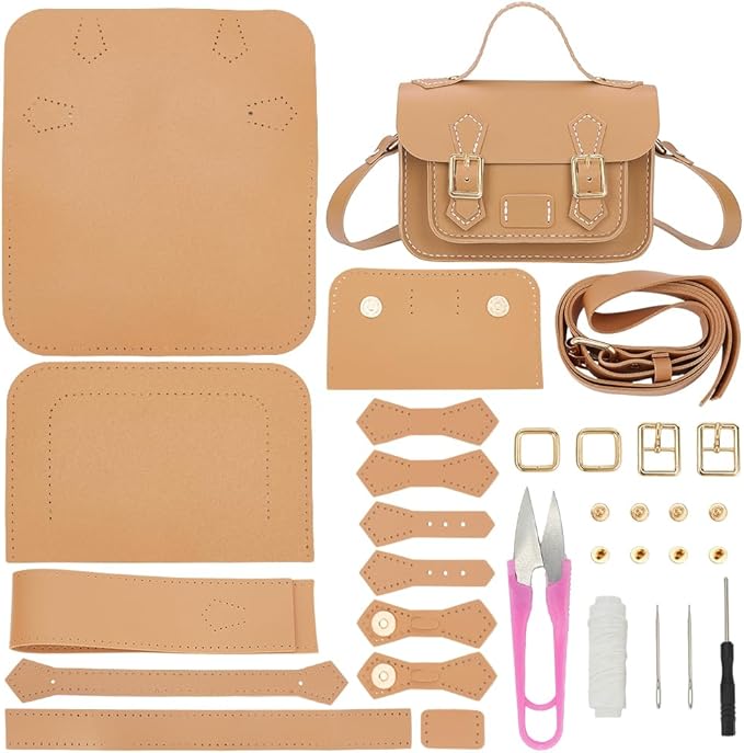 WADORN DIY Crossbody Bag Making Kits, PU Leather Shoulder Bag Sewing Set with Instruction Handmade Satchel Handbag Making Kit Purse Sewing Kit for Women Handicraft Gift, 7.1x2.8x4.7 Inch(Khaki)