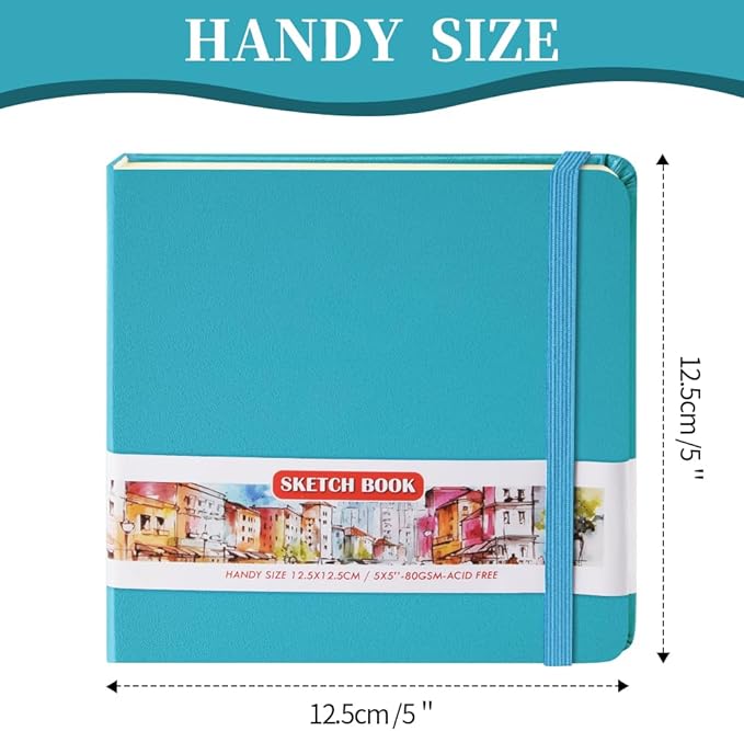 Square 5x5 inches 80gsm 96sheets/192 Pages Notebooks Blank Sketchbooks Travel Journal Pocket Hardcover Paint Writing Diary Memo Planner PU Leather Cover. Lake Blue