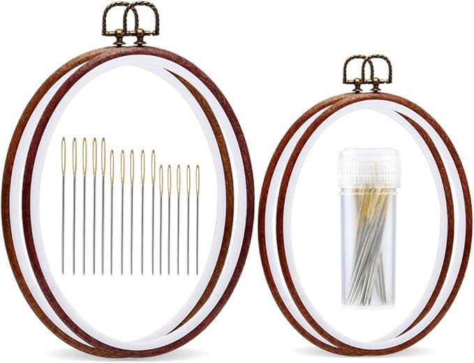 jupean embroidery hoop, 7.5'' 9.2'' oval embroidery hoop, imitated wood display frame with 30 pieces embroidery needles, embroidery frame and cross stitch hoop for art craft sewing and wall hanging