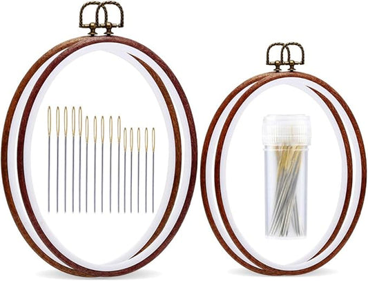 jupean embroidery hoop, 7.5'' 9.2'' oval embroidery hoop, imitated wood display frame with 30 pieces embroidery needles, embroidery frame and cross stitch hoop for art craft sewing and wall hanging