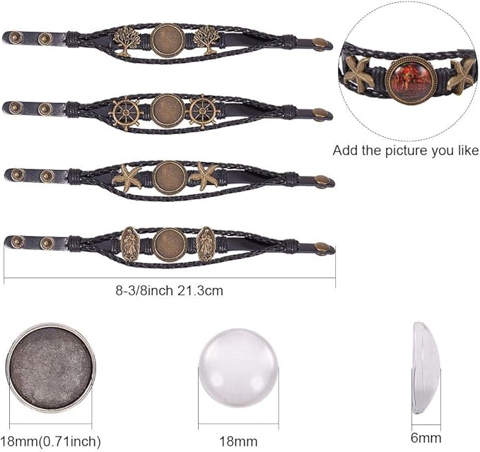 SUNNYCLUE DIY 4 Sets Braided Leather Bracelet Making Kit Multilayer Rope Bangle Cuff Wristband with Blank Alloy Cabochon Bezel Tray, Clear Glass Cabochon 18mm, Button Adjust, Mixed Shapes