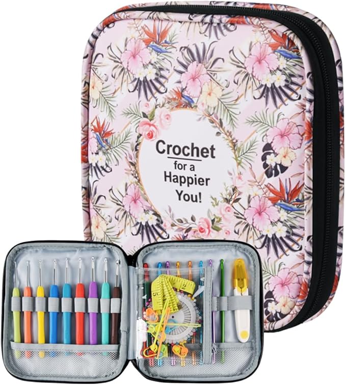 Crochet Hook Case,Portable Zipper Storage Organizer Bag for Crochet Hooks, Knitting Needles, Project & Sewing Supplies, Lightweight,Easy to Hold (No Accessories Included).Pink Flower