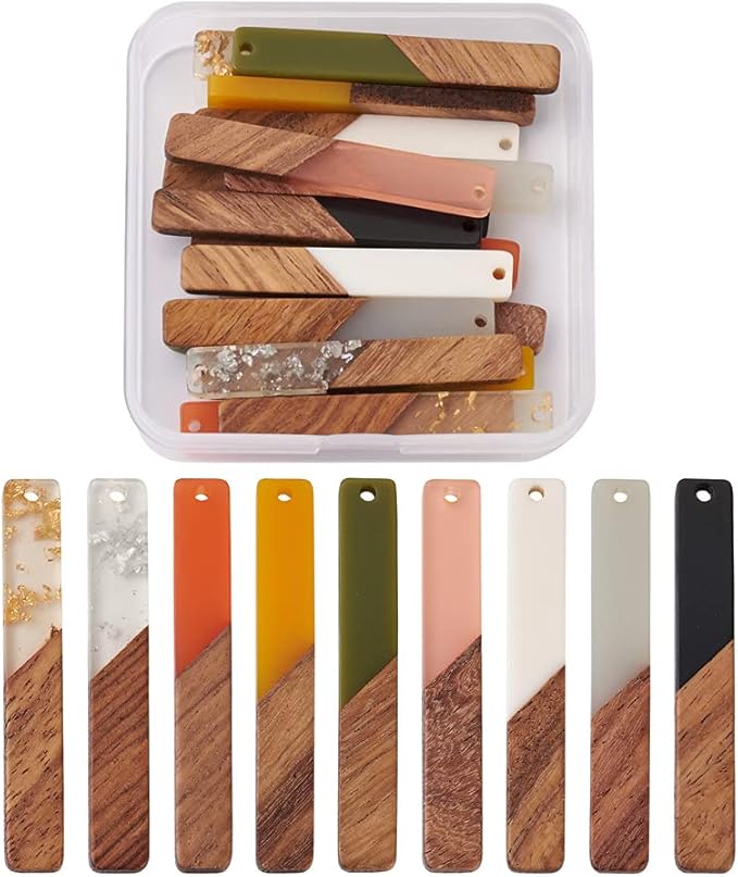 Beadthoven 18pcs/9 Pairs Natural Wood Resin Rectangle Bar Charms Bohemian DIY Earrings Pendants Mixed Colors Vertical Bar Wooden Pieces Pendants for Statement Jewelry Making Findings