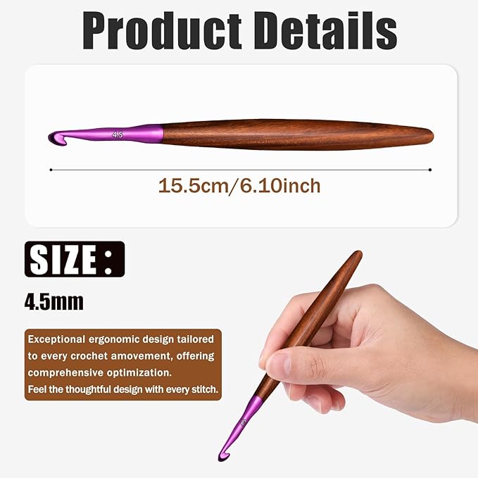 Giwrmu Crochet Hooks, 4.5mm Ergonomic Crochet Hook, Available in 3mm-7mm, Colored Aluminum Crochet Hook with Wooden Handle Crochet Needle for Crocheting Yarn