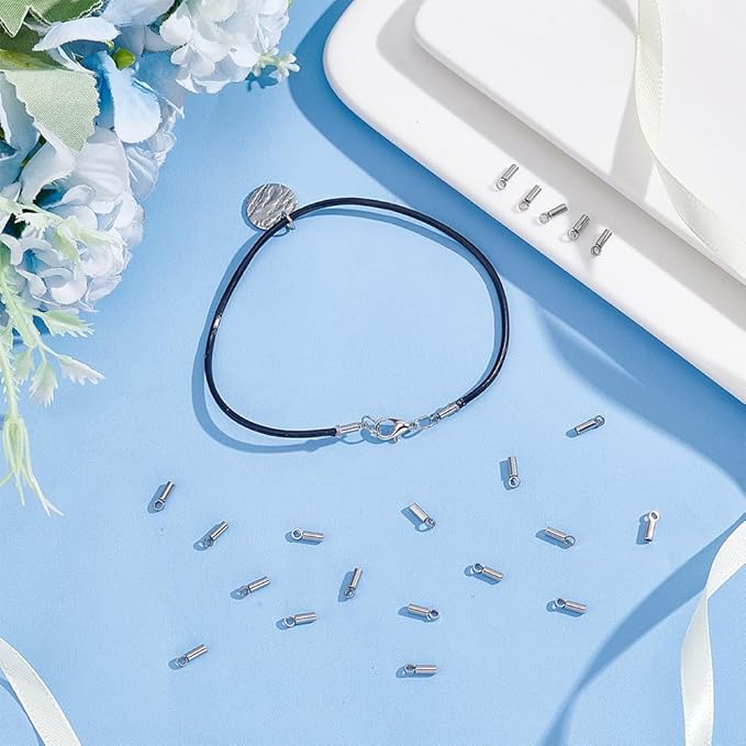 UNICRAFTALE About 60pcs Tube End Caps Stainless Steel Cord Ends 1mm Inner Diameter Smooth End Caps Terminators Cord Finding for Leather Cord Bracelets Jewelry Making, Stainless Steel Color