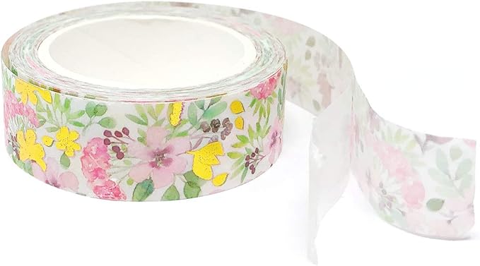 allydrew Gold and Silver Foil Washi Masking Tape, 15mm x 5M, Pink Flowers