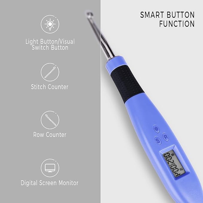 Zcvtbye 12 Size Counting Crochet Hooks Set, Light Up Crochet Hooks for Stitch & Row Counter, Lighted Crochet Needles Kit with Case (Blue, 12 Size)