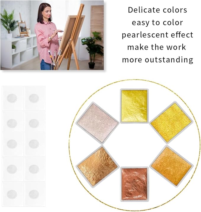 Art Supplies Handmade Watercolor Paint Set - 6 Metallic Gold Colors Half Pans Glitter Solid Water Color- Metal Case Sparkle Pearlescent Watercolour for Artists. White Gold