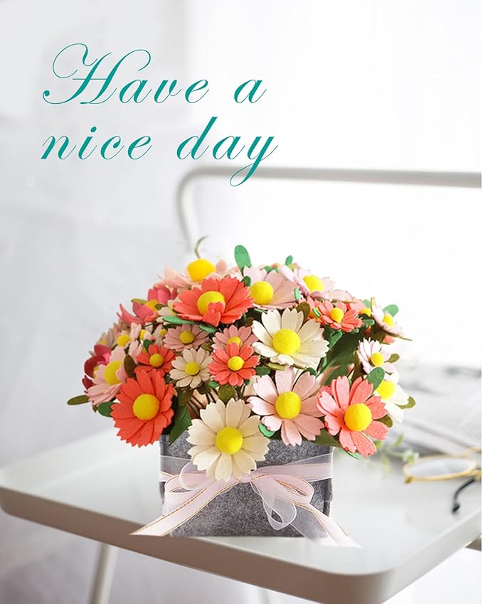 BAZIMA DIY Felt Flower Art Craft Kit, DIY Daisy Bouquet Kit, Floral Gifts, Beginner Craft Kit, Arrange Pre-Cut Flowers and Foliage