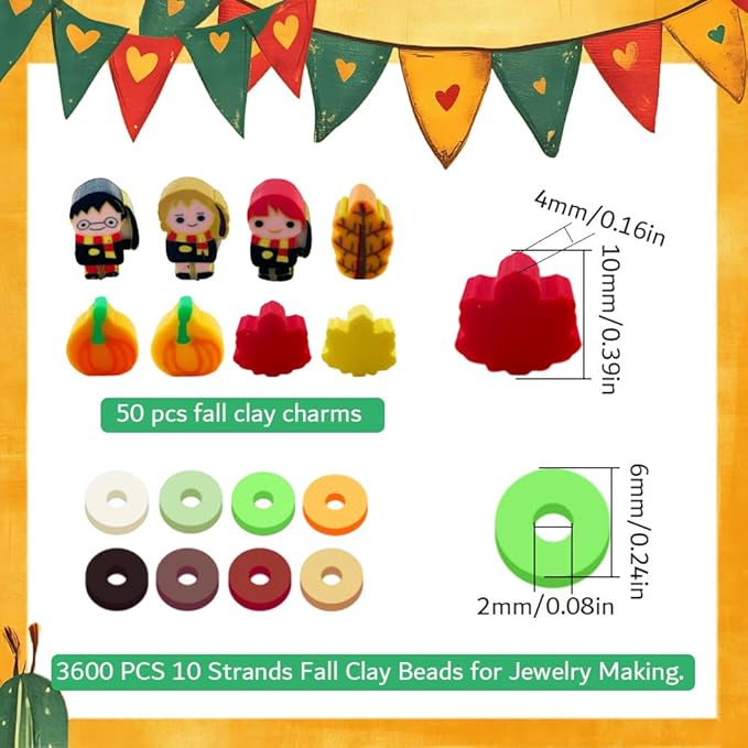 3600 PCS 10 Strands Fall Clay Beads for Jewelry Making, with 50pcs Autumn Clay Charms for Bracelets Making (Thanksgiving Day)