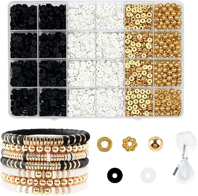 Believo Polymer Clay Beads Kit for DIY Jewelry with Elastic Cord, Colorful Flat Heishi Beads and Spacer Pieces – Ideal for Friendship Bracelet & Necklace Making (Black & White)