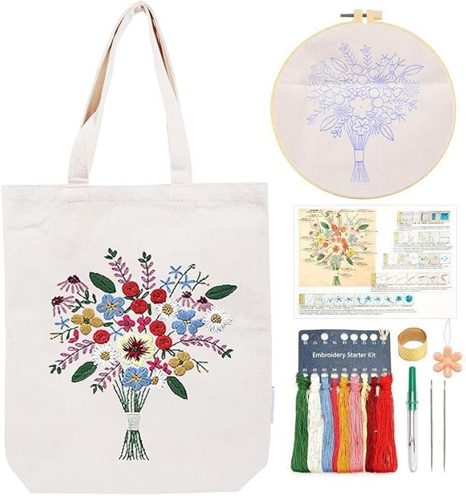 CREAWONDER Canvas Tote Bag Embroidery Kit with Pattern for Beginners, Arts and DIY Embroidery Crafts Kits for Adults, Include Instructions, Thimble, Embroidery Hoops, Color Threads and Tool
