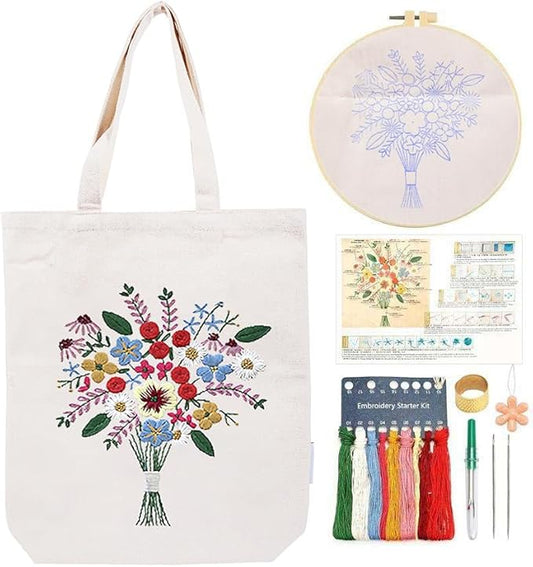 CREAWONDER Canvas Tote Bag Embroidery Kit with Pattern for Beginners, Arts and DIY Embroidery Crafts Kits for Adults, Include Instructions, Thimble, Embroidery Hoops, Color Threads and Tool
