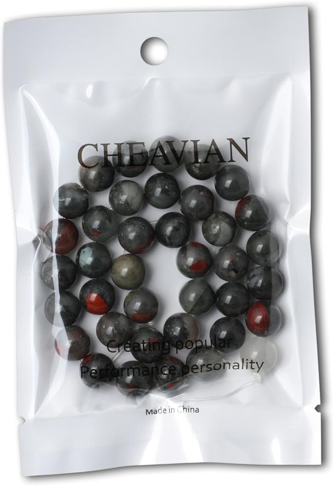 cheavian 35pcs 10mm natural african bloodstone gemstone smooth surface round loose beads for jewelry making 1 string 15 inches