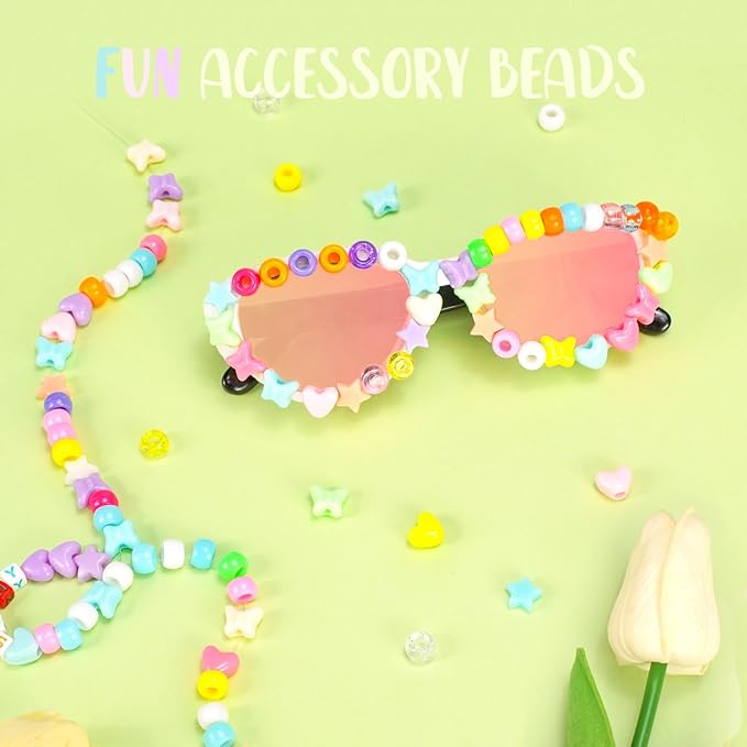 1000+PCS Assorted Pony Beads for Bracelets, 9mm Acrylic Rave Kandi Bead Bulk with Cute Heart Star Butterfly Fun Shaped Beads for Hair Braid Keychain Charms Jewelry Making DIY Crafts