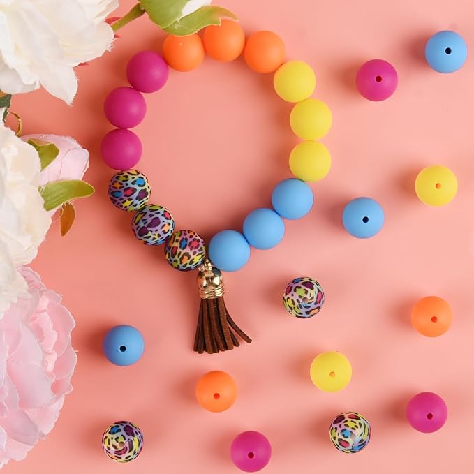 ASTARON 100 Pcs 15mm Silicone Beads for Keychain Making, Blue Hot-Pink Yellow Orange Round Beads for Bracelets Beadable Pens Decorations Crafts Making Party Favours Supplies