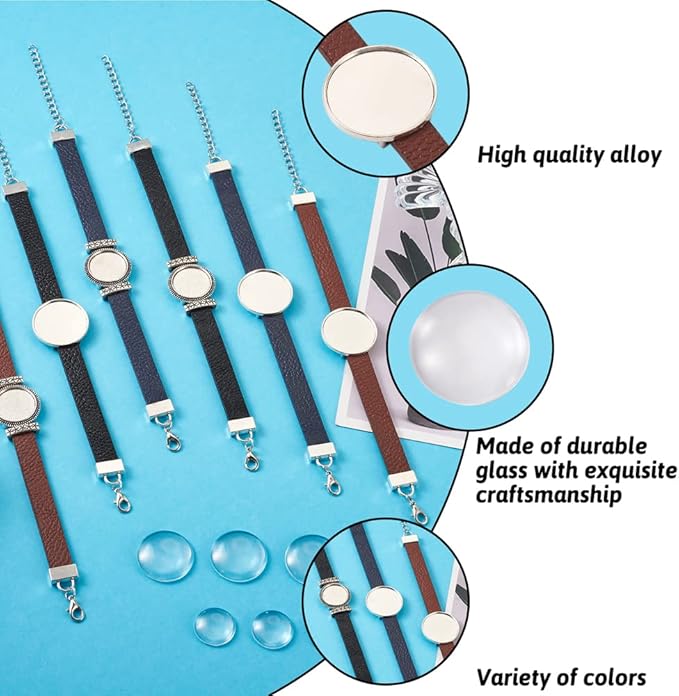 FASHEWELRY 14Pcs PU Leather Cord Bracelet Bezel Tray Blank Flat Round Cabochon Settings Bezel Tray Watch Bands Base Tray Bracelet Blanks with Glass Cabochons for Jewelry Making