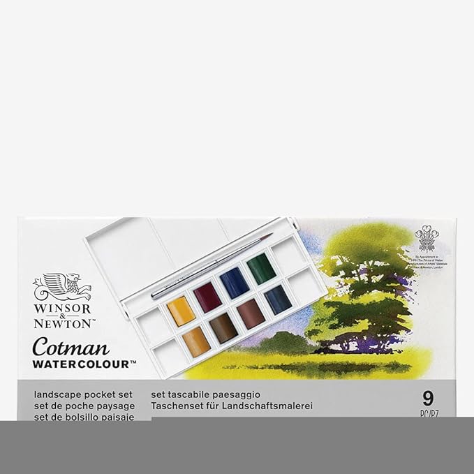 Winsor & Newton Cotman Watercolor Paint Set, 8 Half Pan, Landscape Colors w/ Brush