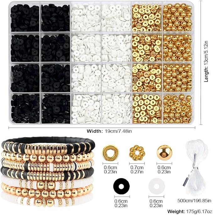 Believo Polymer Clay Beads Kit for DIY Jewelry with Elastic Cord, Colorful Flat Heishi Beads and Spacer Pieces – Ideal for Friendship Bracelet & Necklace Making (Black & White)
