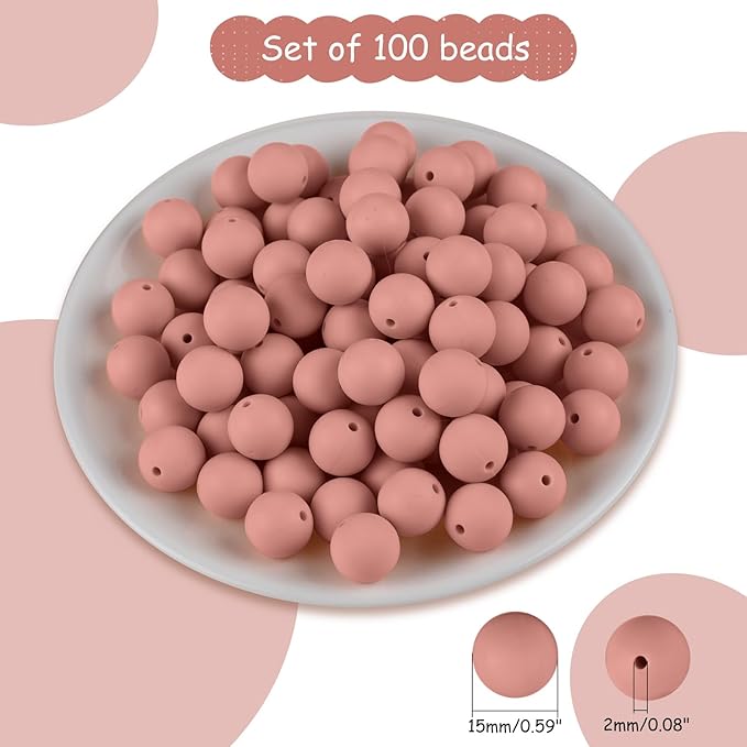ASTARON 100 Pcs 15mm Silicone Beads for Keychain Making, Dusty Pink Round Rubber Beads Bulk for Bracelets Beadable Pens Decorations Crafts Supplies