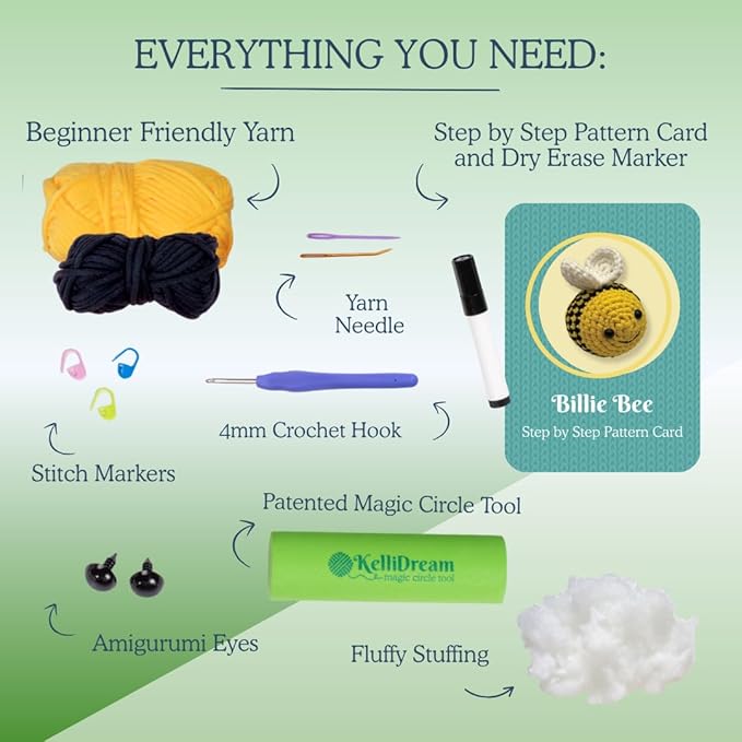KelliDream Magic Circle Tool Inclusive Learn to Crochet Kit for Beginners; Step-by-Step Video Tutorials; All Supplies to Make Cute Amigurumi (Bee)