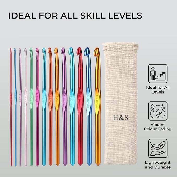 H&S Crochet Hooks Set Aluminium 14pcs Needles with Pouch Case 2mm 2.5mm 3mm 3.5mm 4mm 4.5mm 5mm 5.5mm 6mm 6.5mm 7mm 8mm 9mm 10mm
