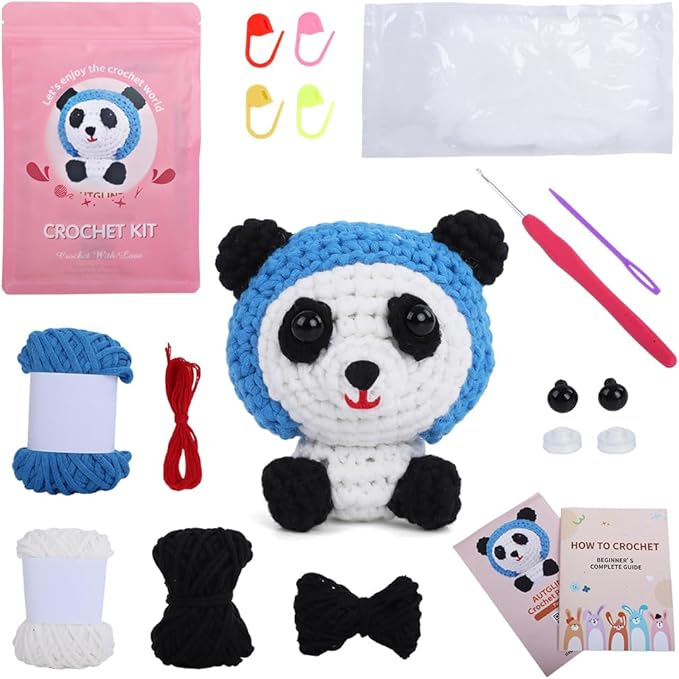 Autglint Panda Crochet Kit for Beginners, Learn to Crochet Starter Kit with Pre-Started Yarn & Easy-to-Follow Video Tutorials, DIY Amigurumi Animal Kit for Adults Kids Gift