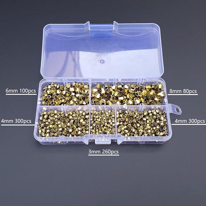 Light Gold Bicone Glass Beads for Jewelry Making, Faceted Crytal Spacer Beads for Bracelet Necklace Earring (3mm 4mm 6mm 8mm Mixed Sizes, 1040pcs)