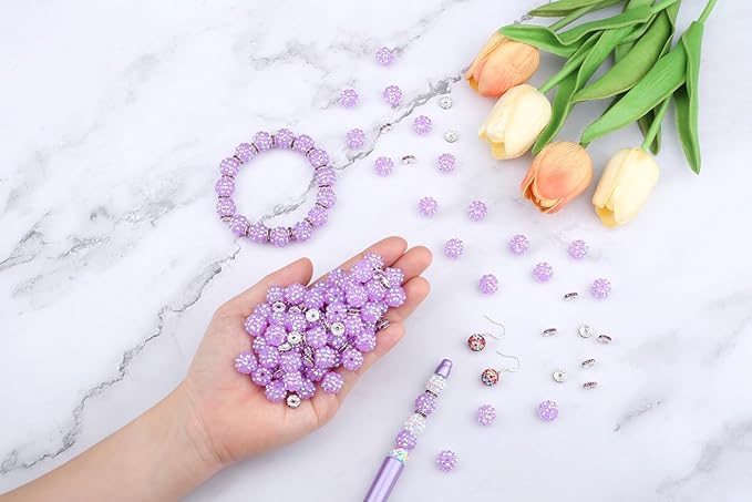 LAIDANLA 250pcs 12mm Purple Rhinestone Beads and 8mm Rondelle Spacer Beads for Beaded Pens, Sparkly Shamballa Disco Ball Bead for Bracelets Necklaces Earring DIY Craft