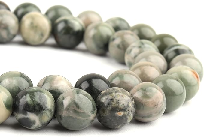 Natural Stone Beads Gemstone Beads for Jewelry Making - 10mm Round Loose Beads for Bracelets(34-37pcs, Green Woodgrain Stone)