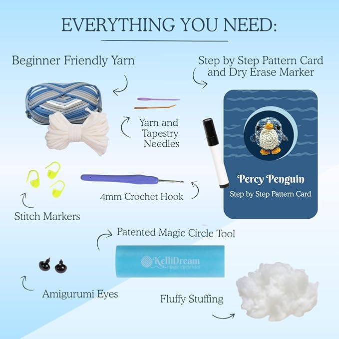 KelliDream Magic Circle Tool Inclusive Learn to Crochet Kit for Beginners; Step-by-Step Video Tutorials; All Supplies to Make Cute Amigurumi (Penguin)