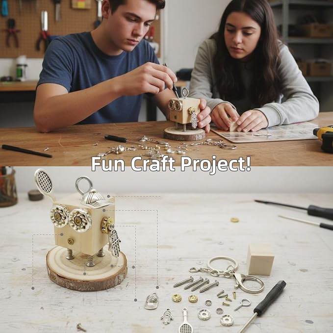 Mini Steampunk Robot Model Building Kit for Adults, Teens, Kids - Desk Figures DIY Project Construction with Wood & Metal - Perfect Gifts, Office Decor, STEAM Education - Keychain Charms (Tennis Boy)