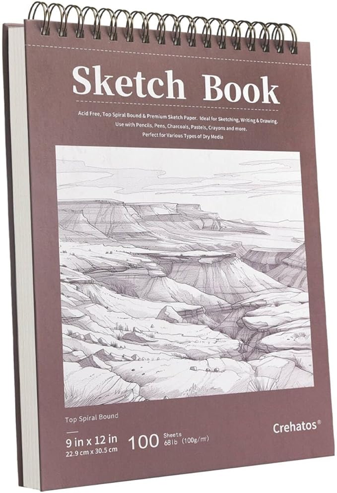 Crehatos 9" x 12" Sketch Book, Top Spiral Bound Sketch Pad, 100 Sheets 68lb/100gsm Drawing Paper, 1 Pack