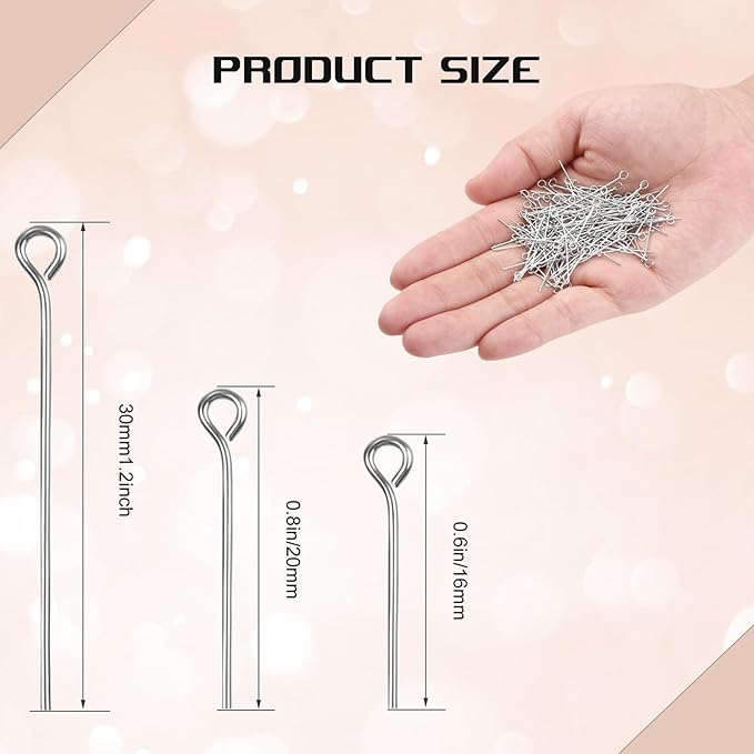 Junkin 1400 Pcs Eye Pins Mix Jewelry Findings 0.63 * 0.79 * 1.18 in Open Eye Head Pins Findings for Jewelry Making DIY Necklace Bracelets (Silver)