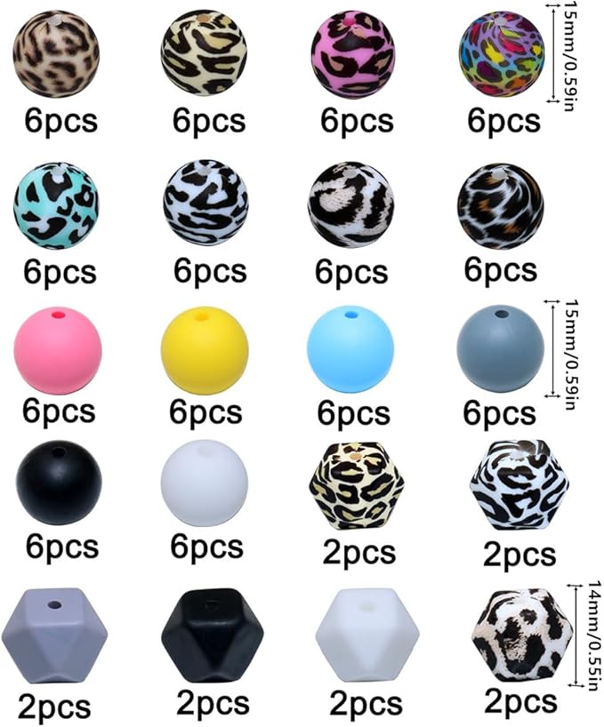 96Pcs 15mm Silicone Beads Bulk Leopard Focal Silicone Beads for Keychain Making Necklace Jewelry DIY Bracelet Making Supplies Kit (Leopard)
