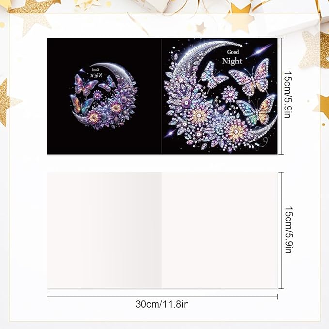 6 Pack 5D DIY Diamond Painting Moon Butterfly Greeting Card Kit, Diamond Art Christmas Birthday Holiday Greeting Card, Art Crafts Kit Creative Gift with Envelope
