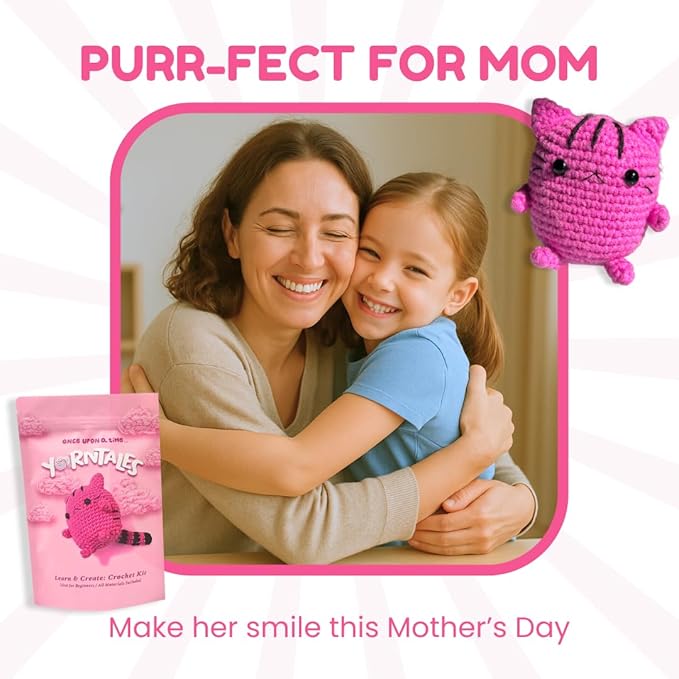 YarnTales DIY Pink Kitten Crochet Kit - Beginner Craft Kit with All Included Supplies & Video Tutorials - Great Valentine’s Day Gift for Teens & Adults