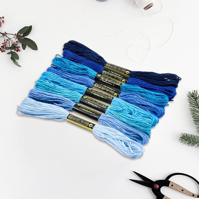 16 Skeins 131 Yards Embroidery Thread Friendship Bracelets String Cross Stitch Threads Cotton Floss Yarn 6 Ply 1.2mm for DIY Making Sewing Needlework Knitting Stitching Craft Supply Blue